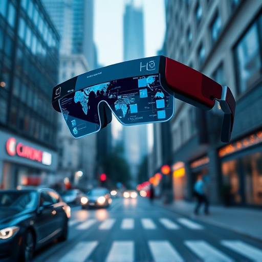 Image of augmented reality glasses displaying interactive data overlays in a city environment.