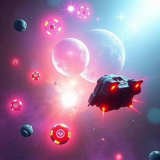 Screenshot from an indie game, 'Starlight Drifter', depicting a spaceship exploring a colorful galaxy