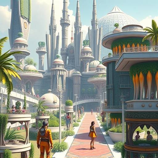 Screenshot of a lush virtual world, featuring futuristic architecture and diverse avatars.